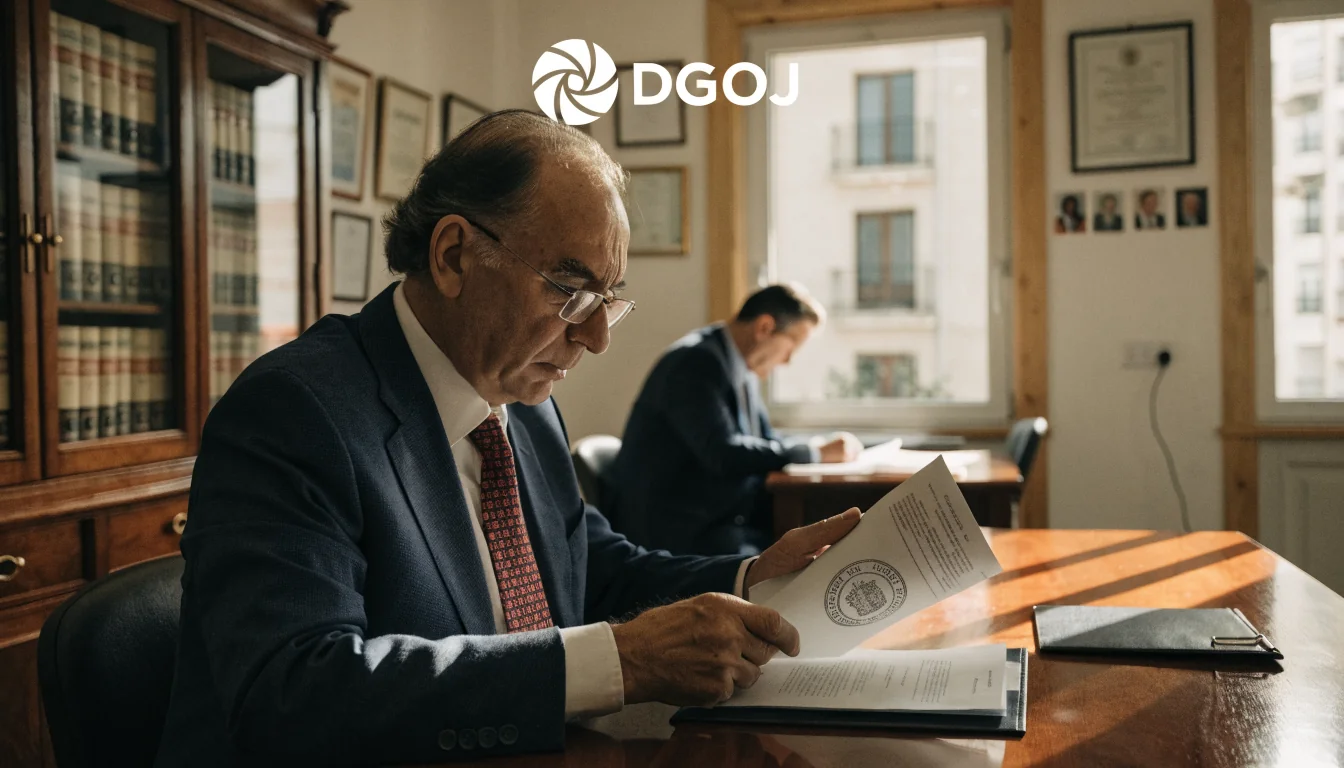Oficina reguladora con oficial revisando licencia.