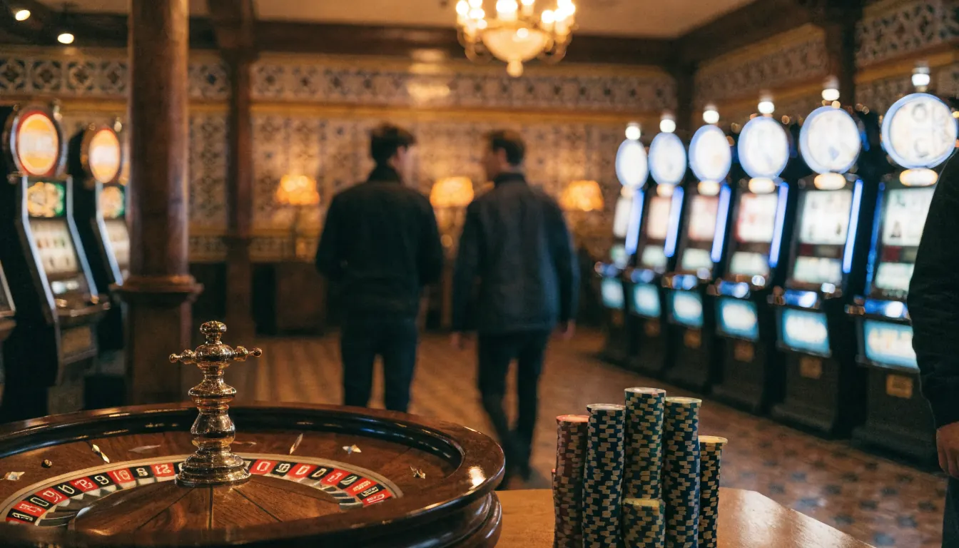 Piso de casino con ruleta, fichas y tragamonedas.